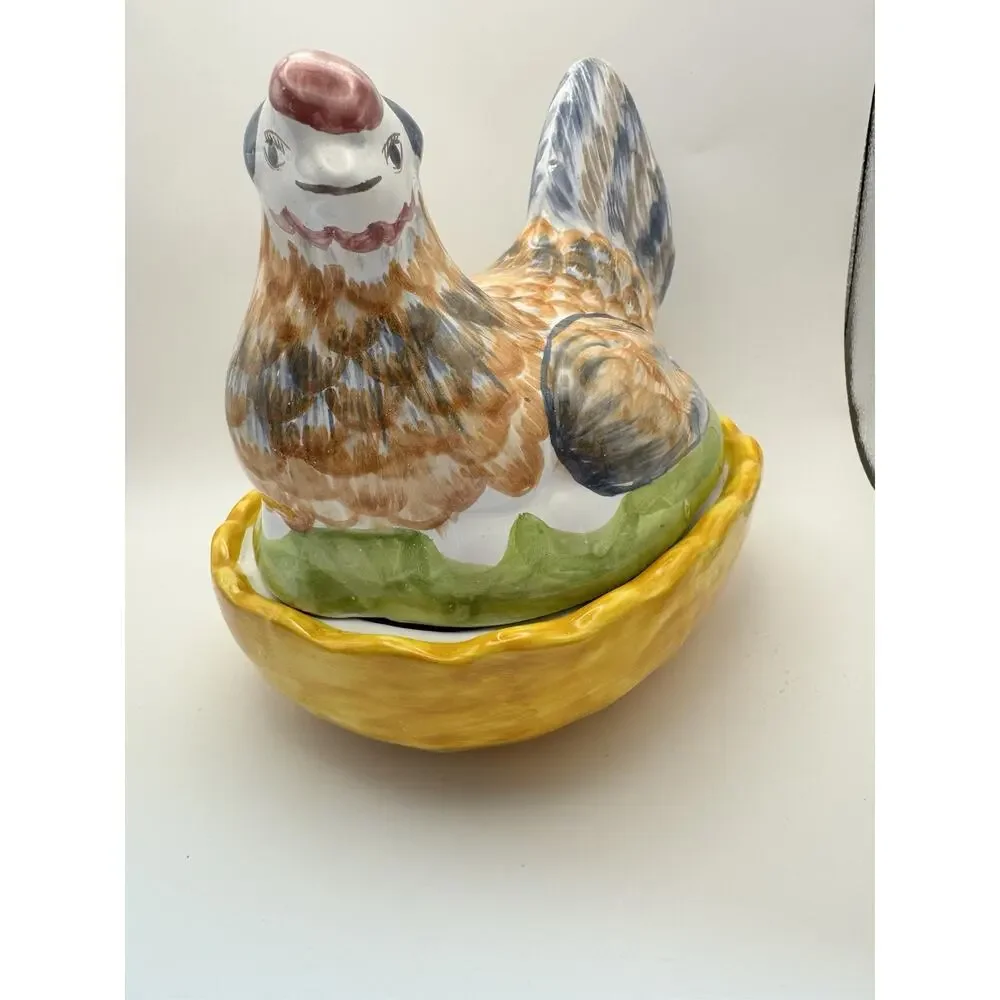 2 pc Chicken Canister Lid Colorful Ceramic Hen Candy Jar Trinket‎ Made Portugal